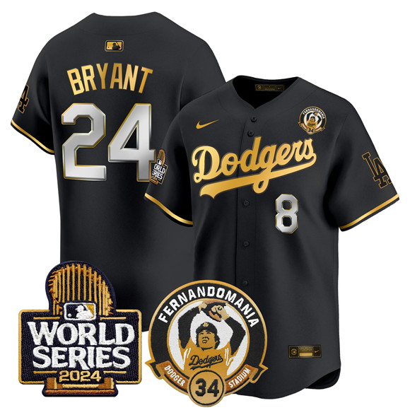 Men's Black Gold Los Angeles Dodgers Front #8 Back #24 Kobe Bryant Fernando Valenzuela & 2024 World Series Patch Limited Stitched Baseball Jersey